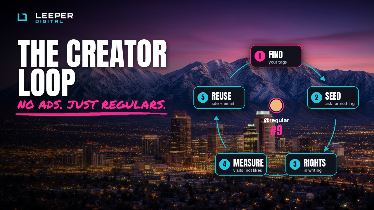 The creator loop: find, seed, rights, measure, reuse. No ads, just regulars.
