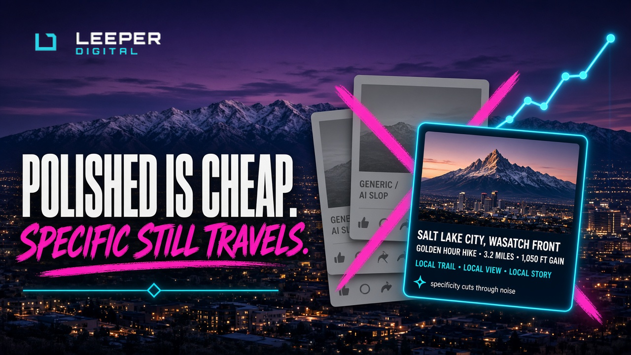 Polished is cheap. Specific still travels. — Salt Lake skyline at dusk with generic AI posts crossed out in hot pink and a specific Wasatch Front post highlighted in cyan