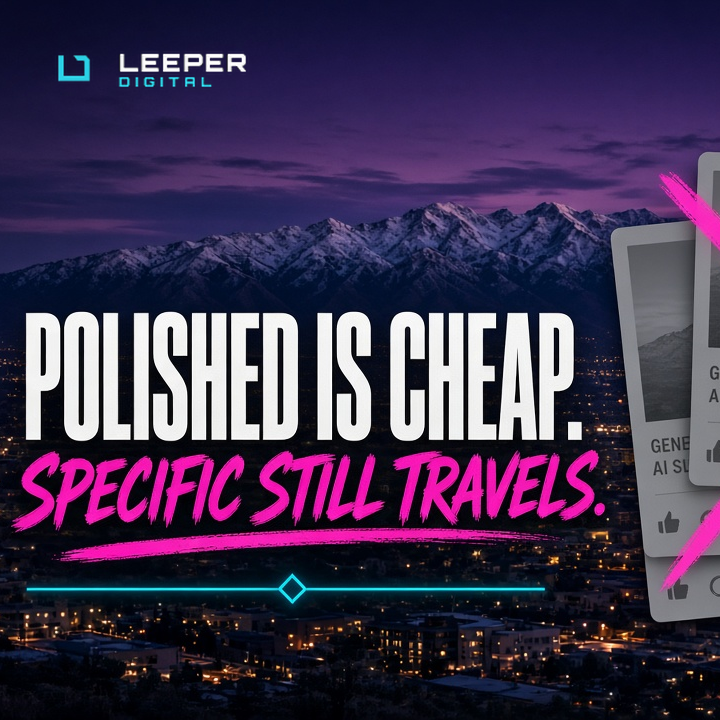 Polished is cheap. Specific still travels. — Salt Lake skyline with generic AI posts crossed out in hot pink
