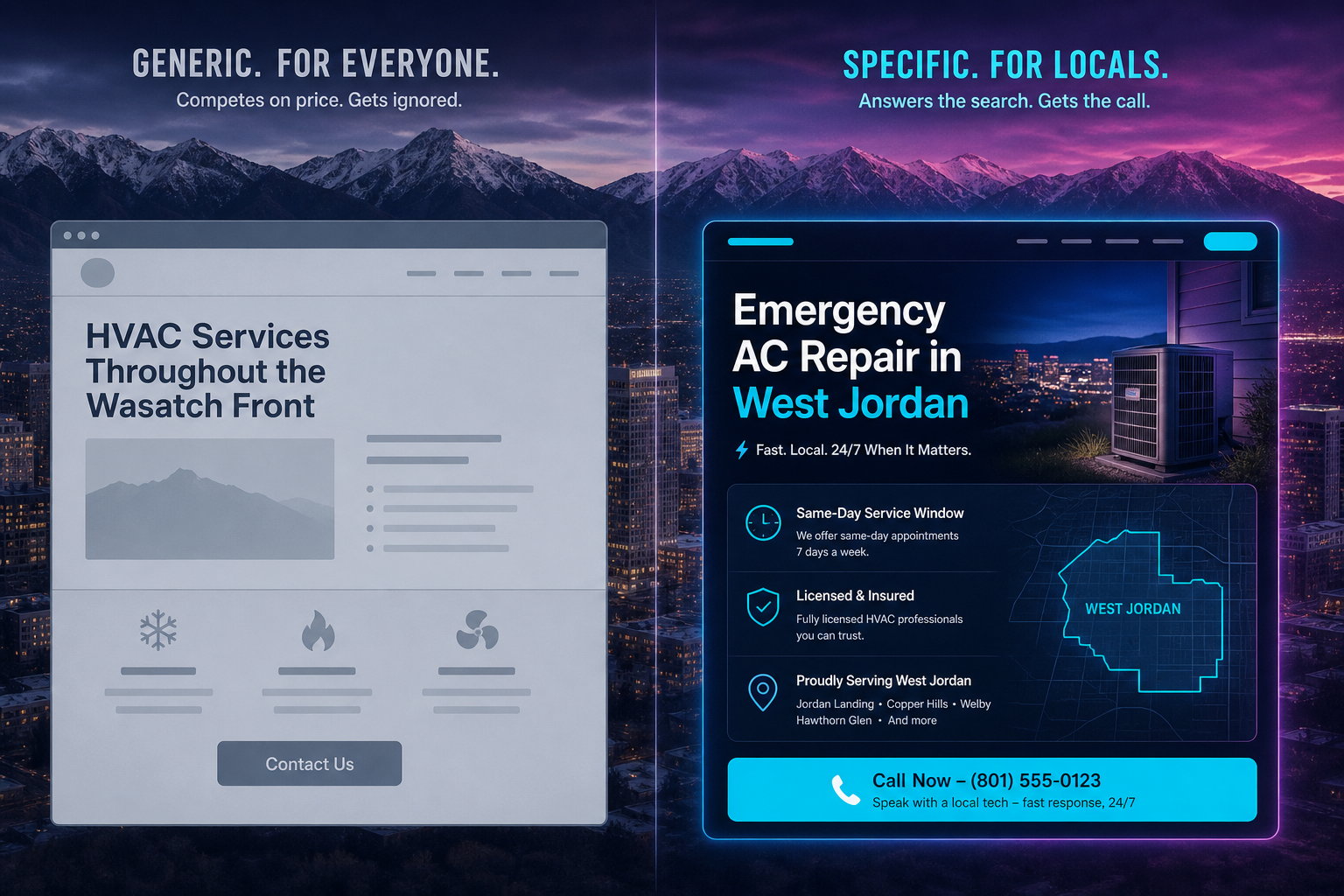 Generic Wasatch Front HVAC page versus a specific Emergency AC Repair in West Jordan money page over the Salt Lake City skyline