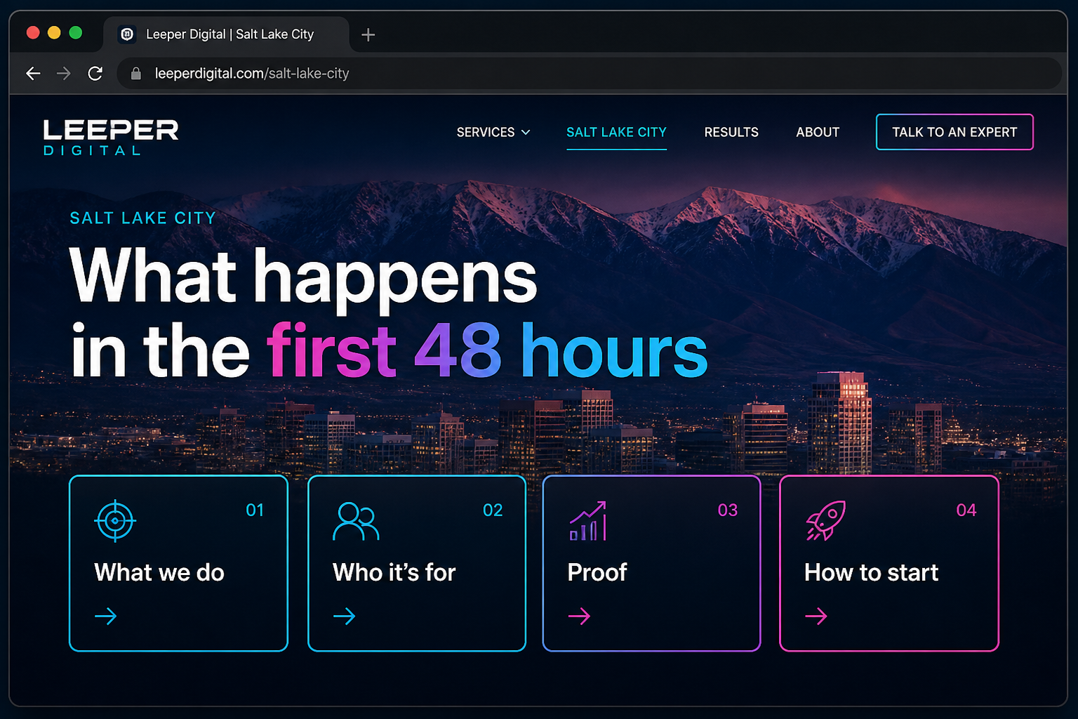 First screen of a Salt Lake City service page answering what happens in the first 48 hours
