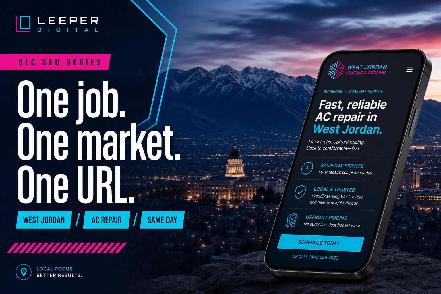 One job, one market, one URL — West Jordan AC repair page on a phone over the Salt Lake valley